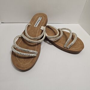 NEW Forever Link Silver Beaded Triple-Strap Slide Sandals